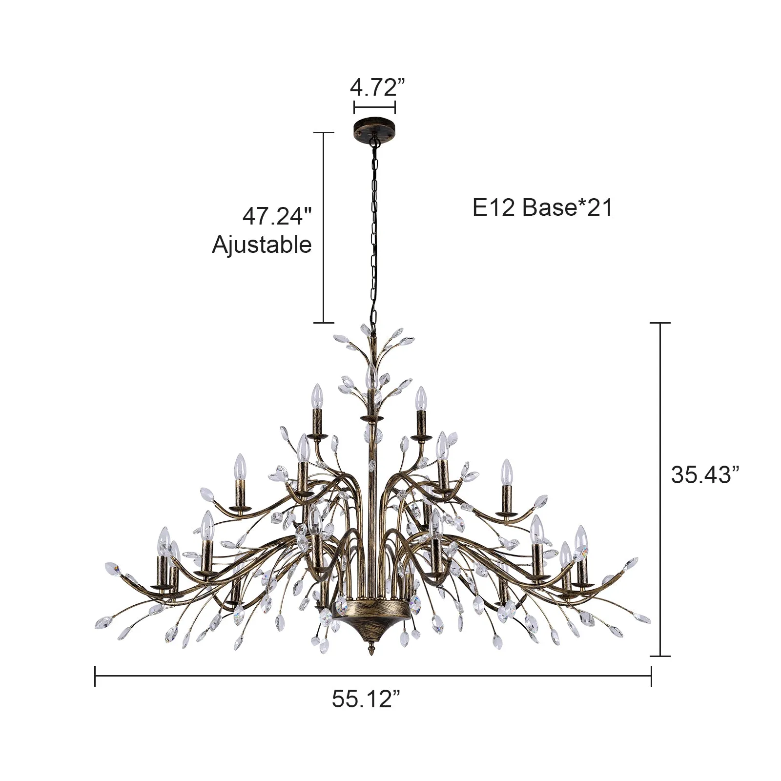 Glowlings 21-Light 55"Wide Oversized French Vintage Bronze Branch Candle Style Chandelier with Crystal Accents