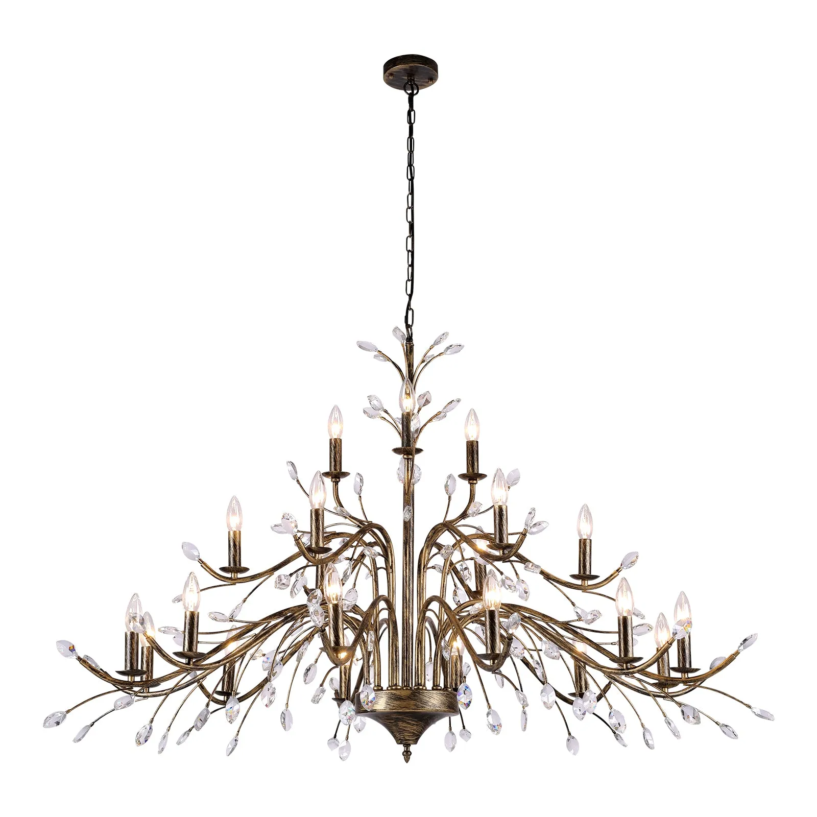 Glowlings 21-Light 55"Wide Oversized French Vintage Bronze Branch Candle Style Chandelier with Crystal Accents