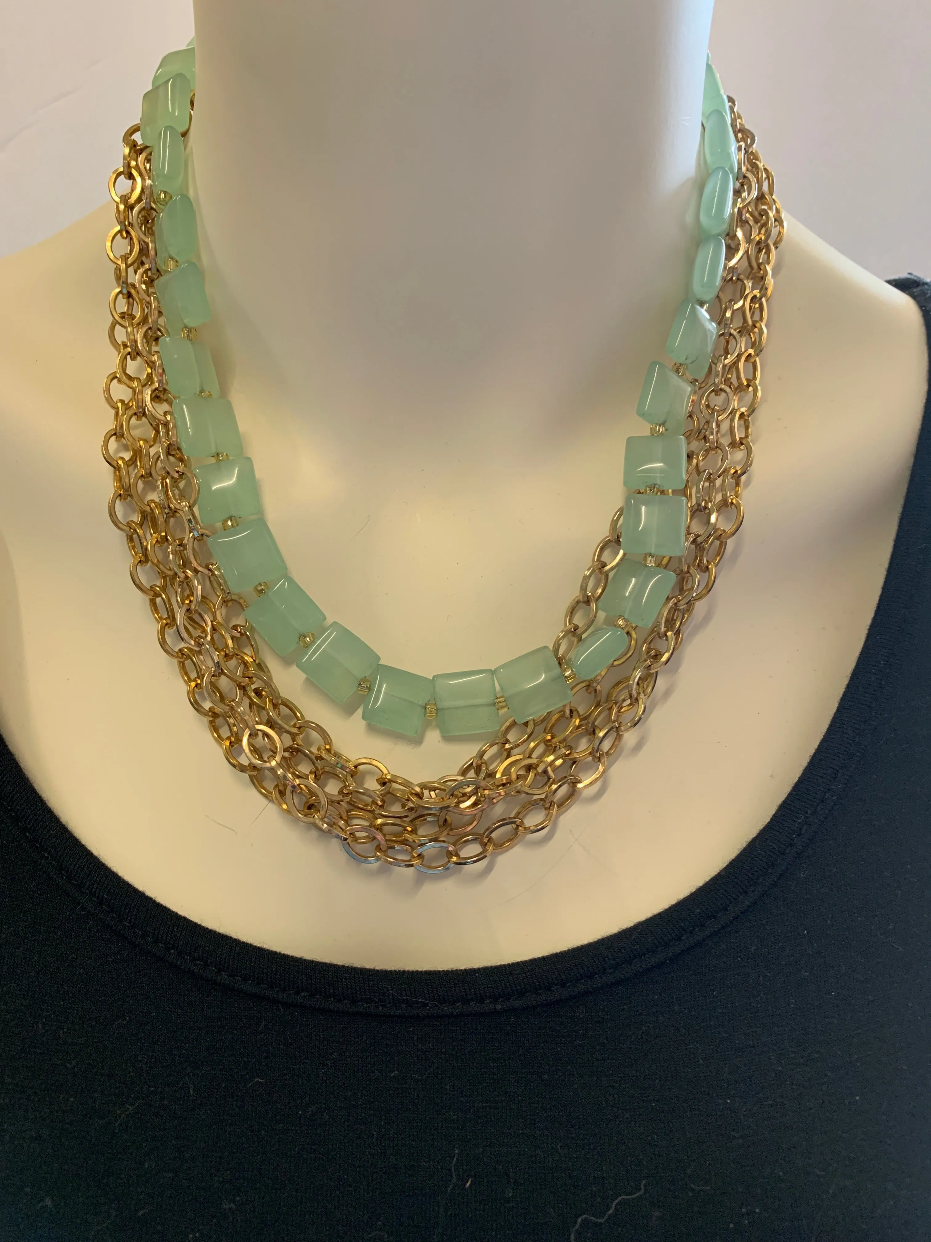 Gold Multi Strand Necklace with Green Beads