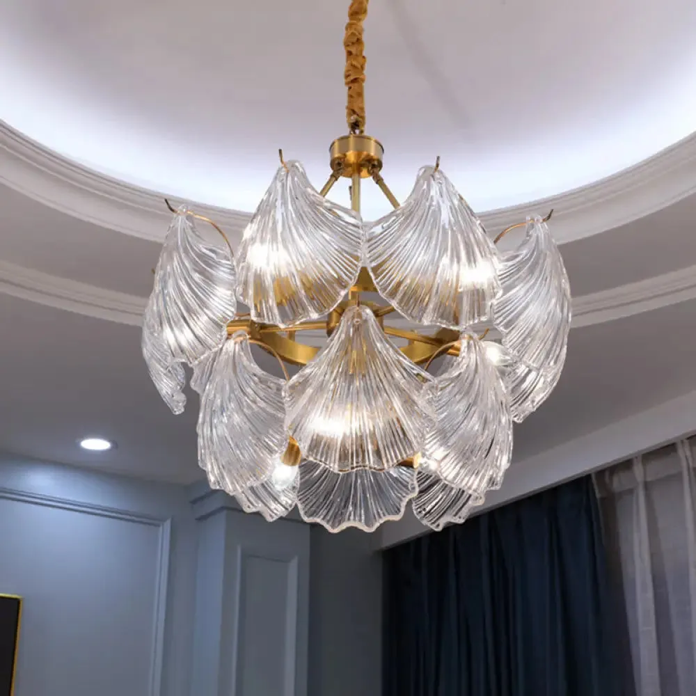 Gold Ribbed Glass Scallop Chandelier Pendant Light Fixture