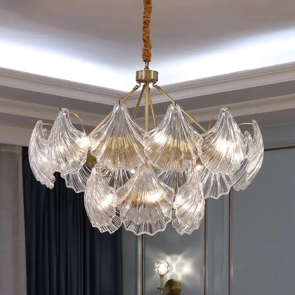 Gold Ribbed Glass Scallop Chandelier Pendant Light Fixture