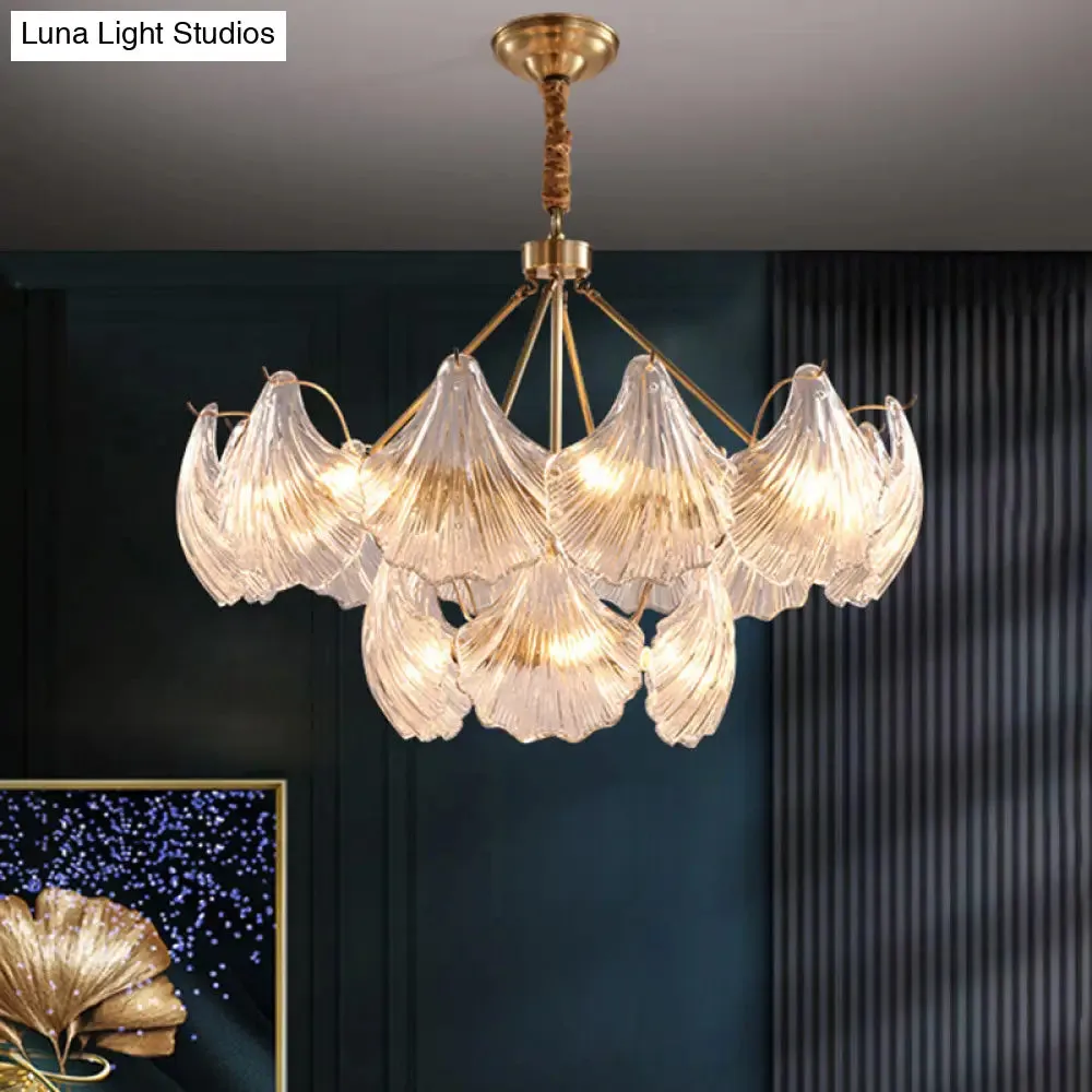 Gold Ribbed Glass Scallop Chandelier Pendant Light Fixture