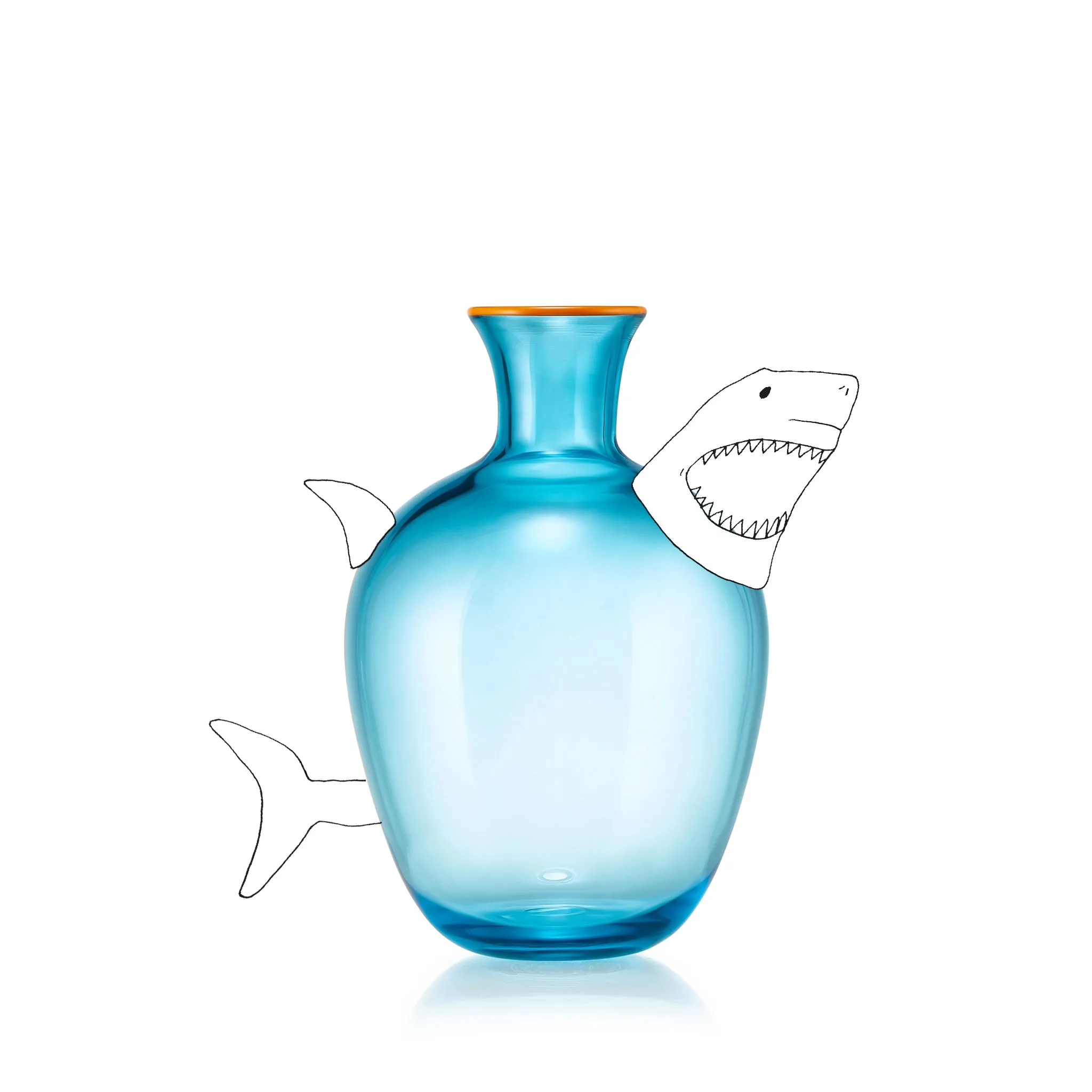 Handblown Glass Bumba Bedside Carafe and Glass Set in Turquoise with Orange Rim, 0.5L