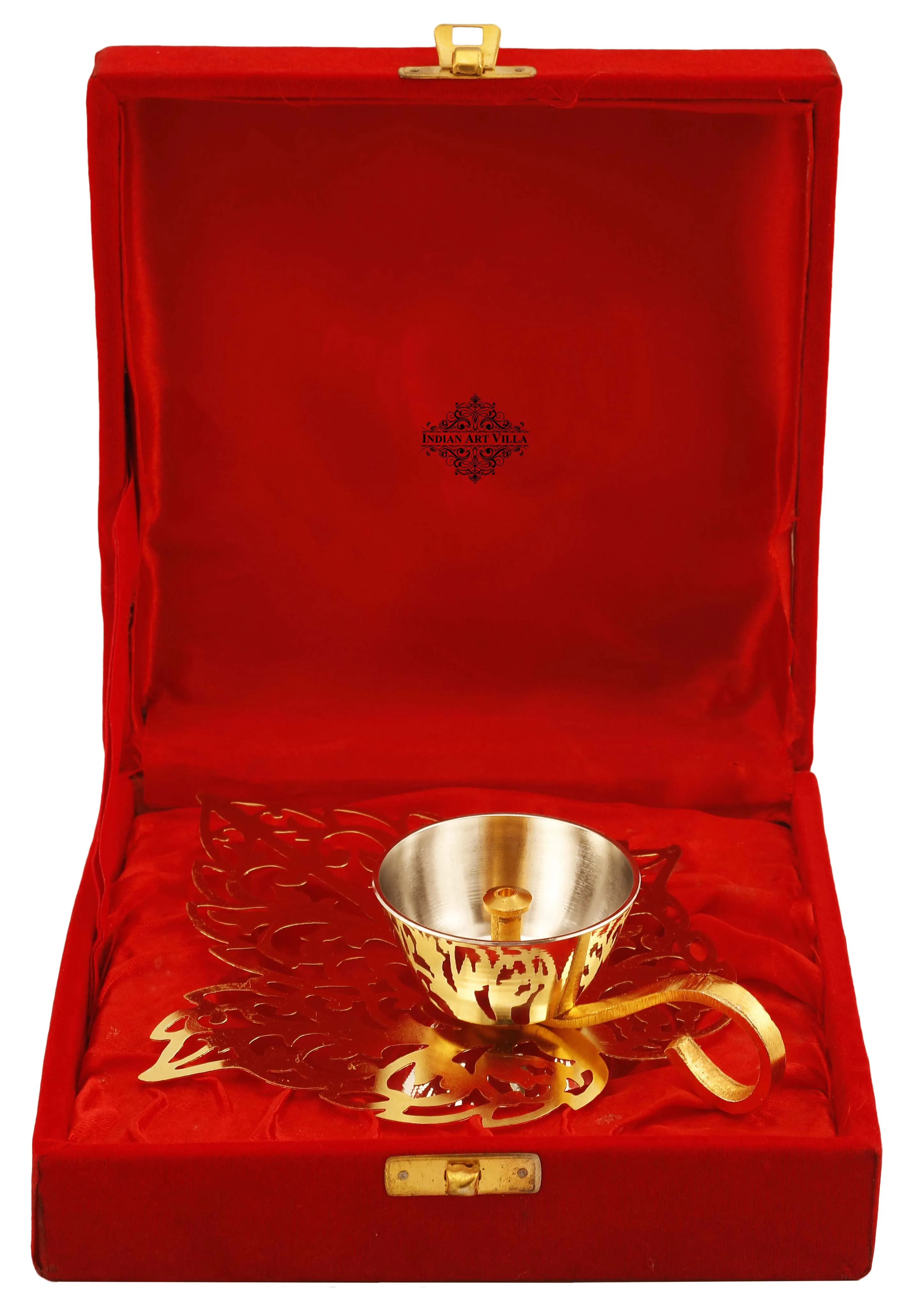 Indian Art Villa Pure Silver & Gold Plated Leaf Design Akhand Diya