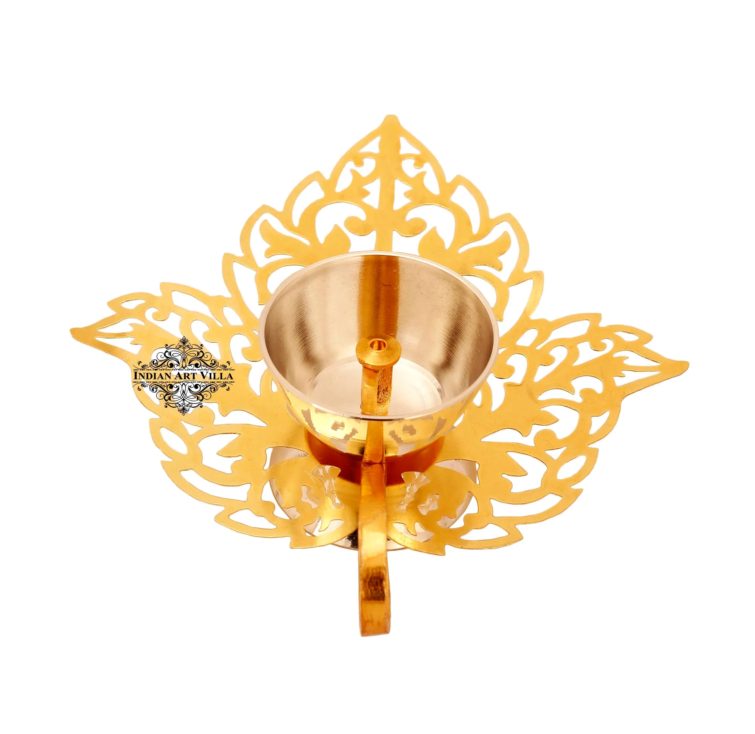 Indian Art Villa Pure Silver & Gold Plated Leaf Design Akhand Diya