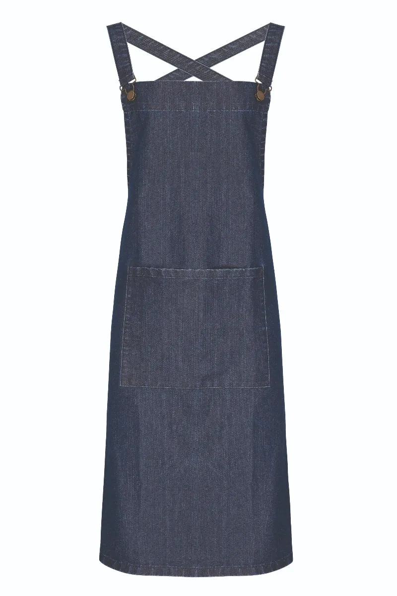 Indigo Denim Cross Back 'Barista' Bib Adjustable Apron (1 Pocket w/ Pen Slot)