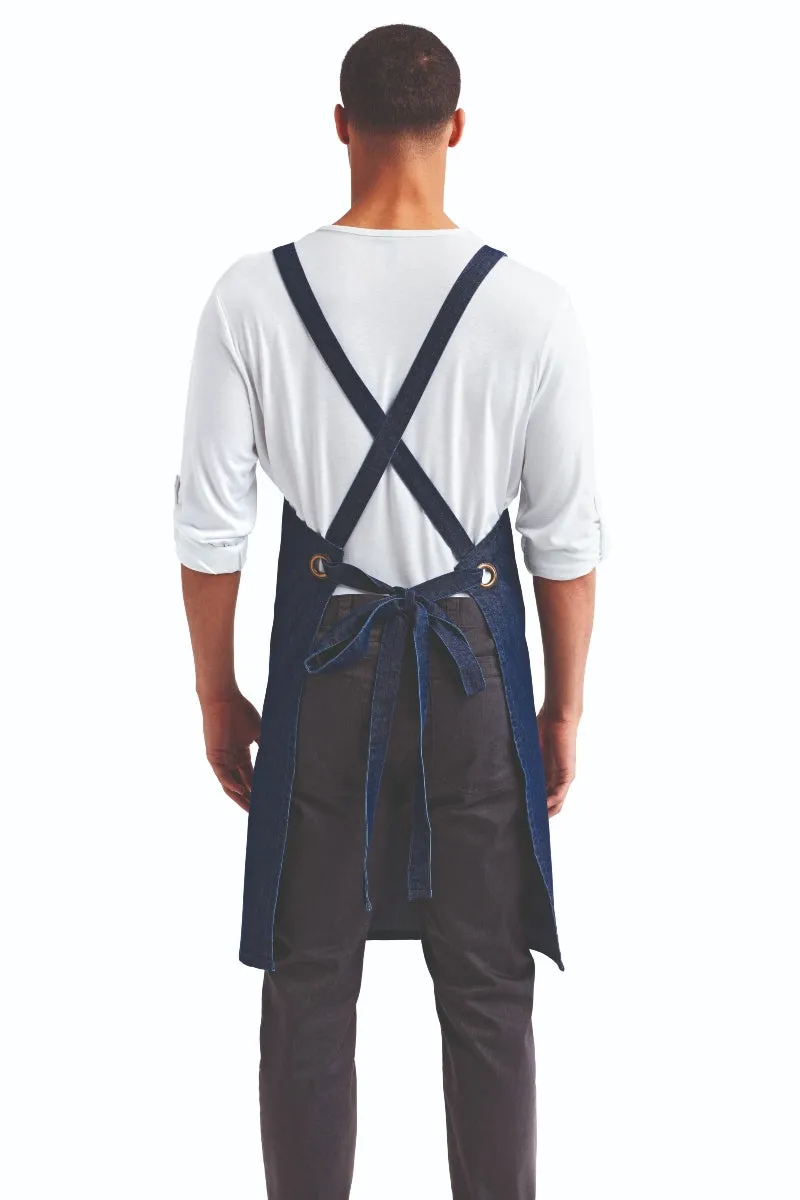 Indigo Denim Cross Back 'Barista' Bib Adjustable Apron (1 Pocket w/ Pen Slot)