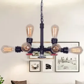 Industrial Metal 8-Light Black Water Pipe Chandelier - Living Room Hanging Light with Valve