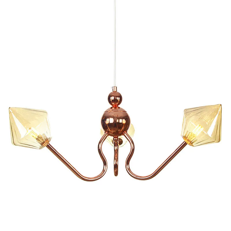 Industrial Metal and Glass Diamond Chandelier - 3-Light Kitchen Pendant Lamp in Amber/Clear