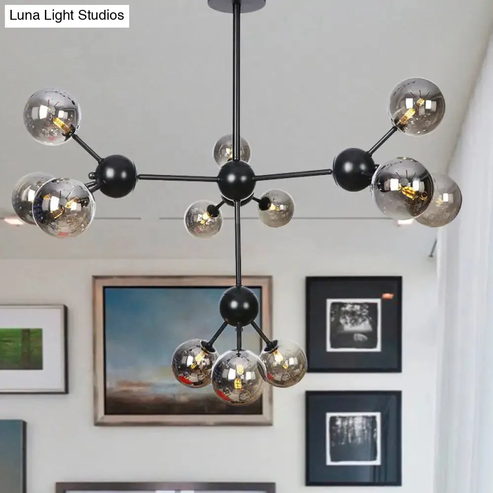 Industrial Orb Chandelier Lamp with Sputnik Design, Amber/Clear/Smoke Gray Glass, 3/9/12 Lights, 13"/27.5"/34" Wide