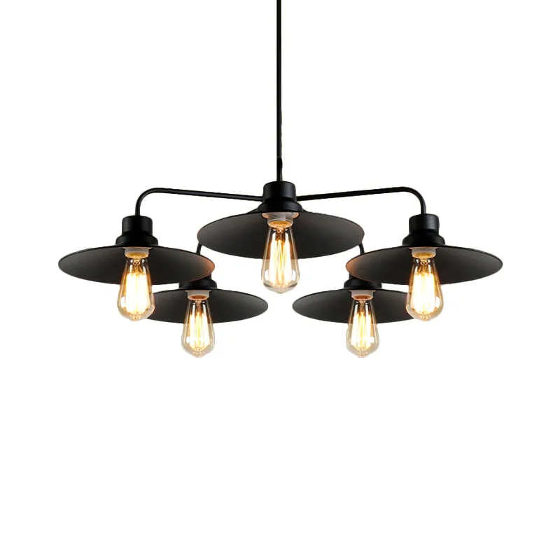 Industrial Round Black Chandelier Pendant Light - Vintage Style, Metallic Finish, with Hanging Rod - 3/5 Lights