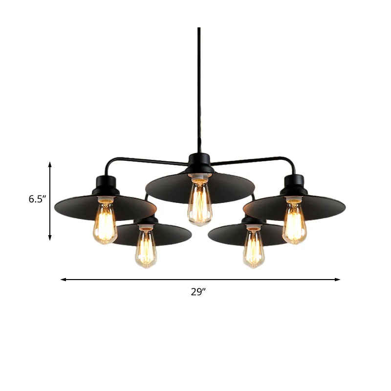 Industrial Round Black Chandelier Pendant Light - Vintage Style, Metallic Finish, with Hanging Rod - 3/5 Lights