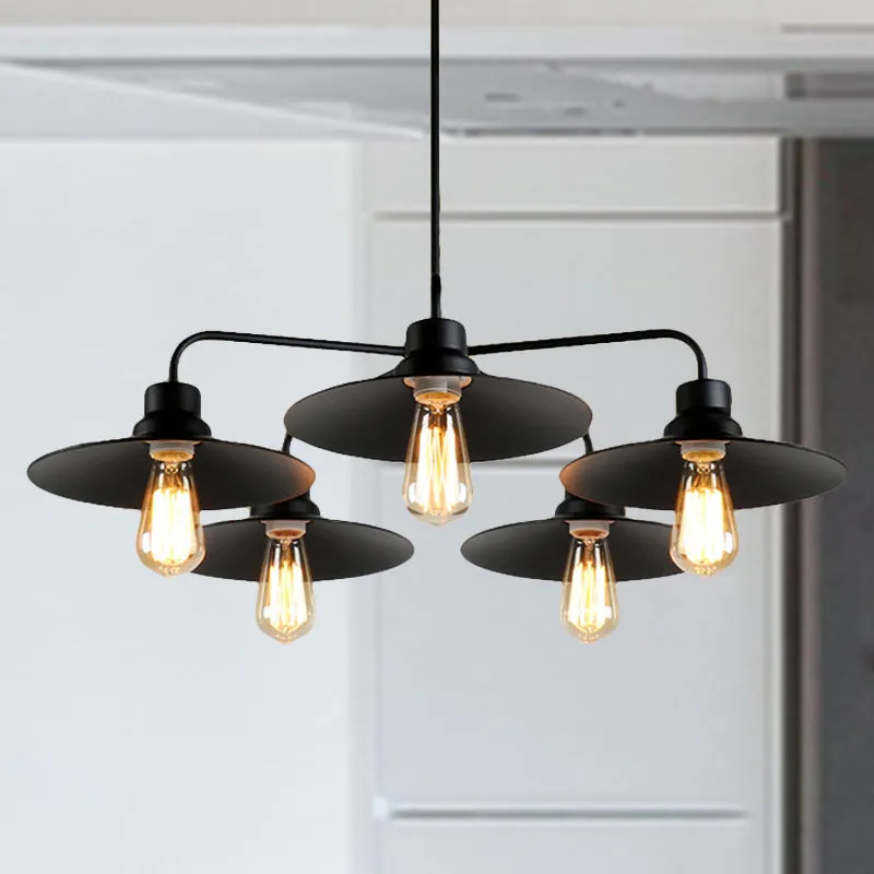 Industrial Round Black Chandelier Pendant Light - Vintage Style, Metallic Finish, with Hanging Rod - 3/5 Lights