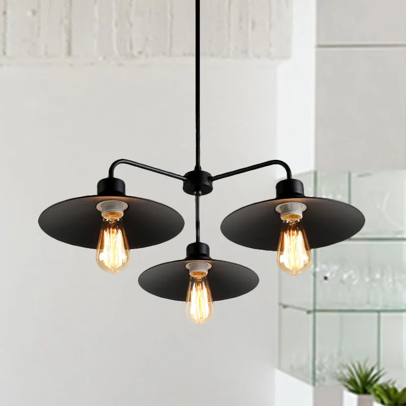 Industrial Round Black Chandelier Pendant Light - Vintage Style, Metallic Finish, with Hanging Rod - 3/5 Lights