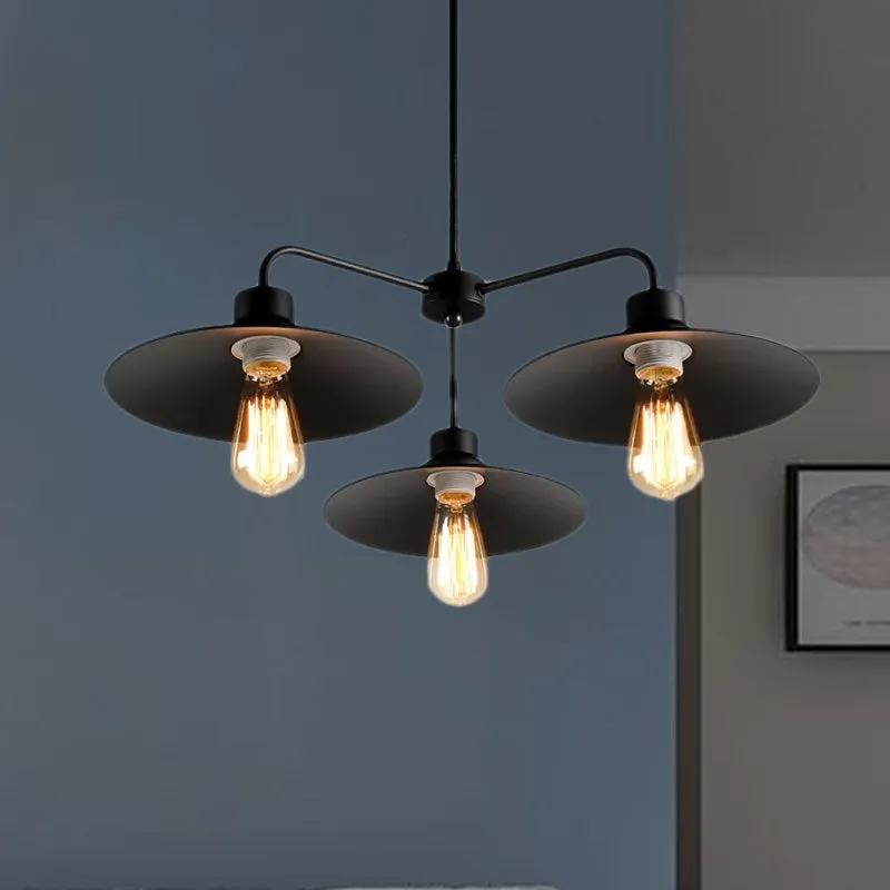 Industrial Round Black Chandelier Pendant Light - Vintage Style, Metallic Finish, with Hanging Rod - 3/5 Lights