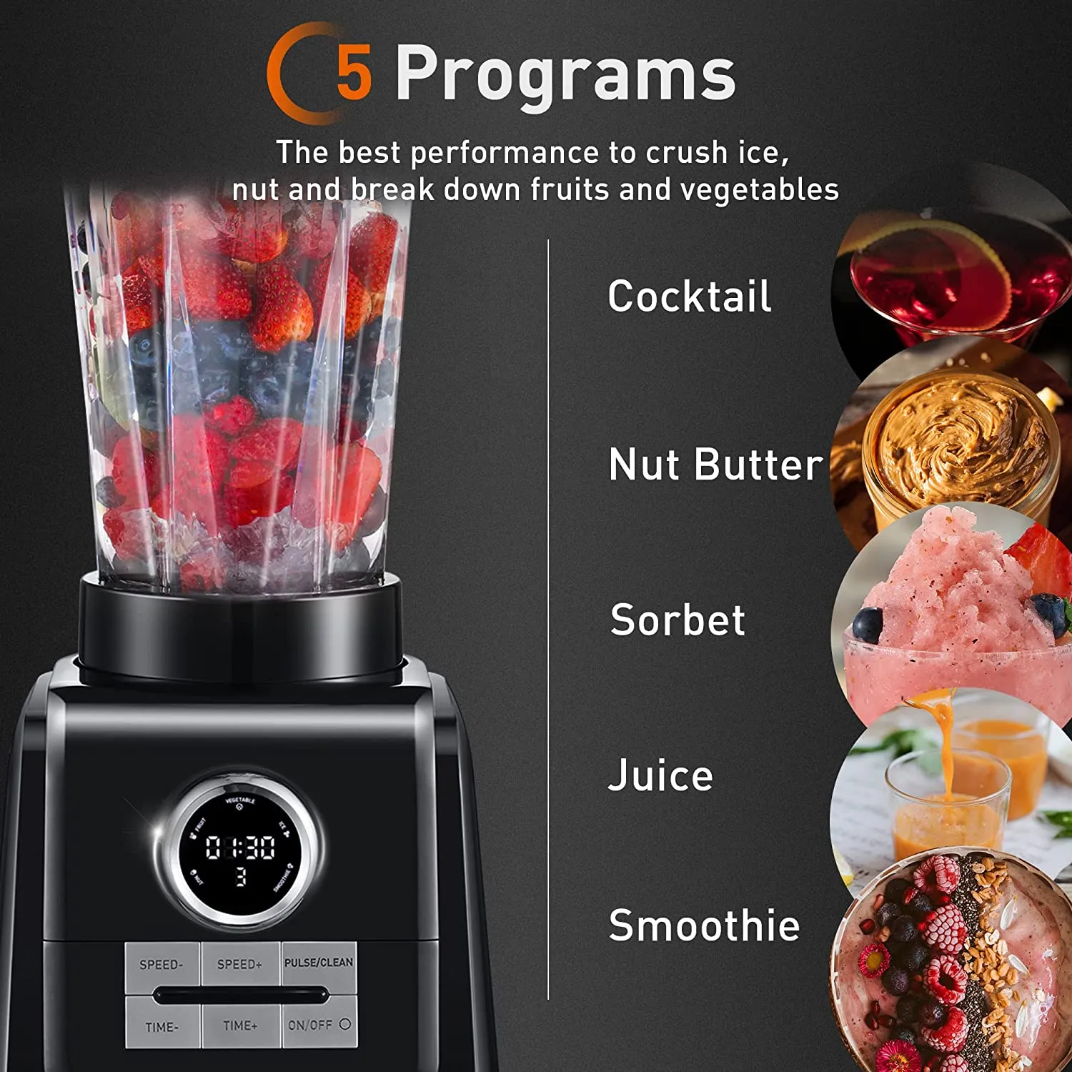 ITEM# 0030   Blender for Shakes and Smoothies with LED Screen 5 Programs 68oz Blender for Smoothies 1300W 10 Speeds Smoothie Blender (Watch Video)