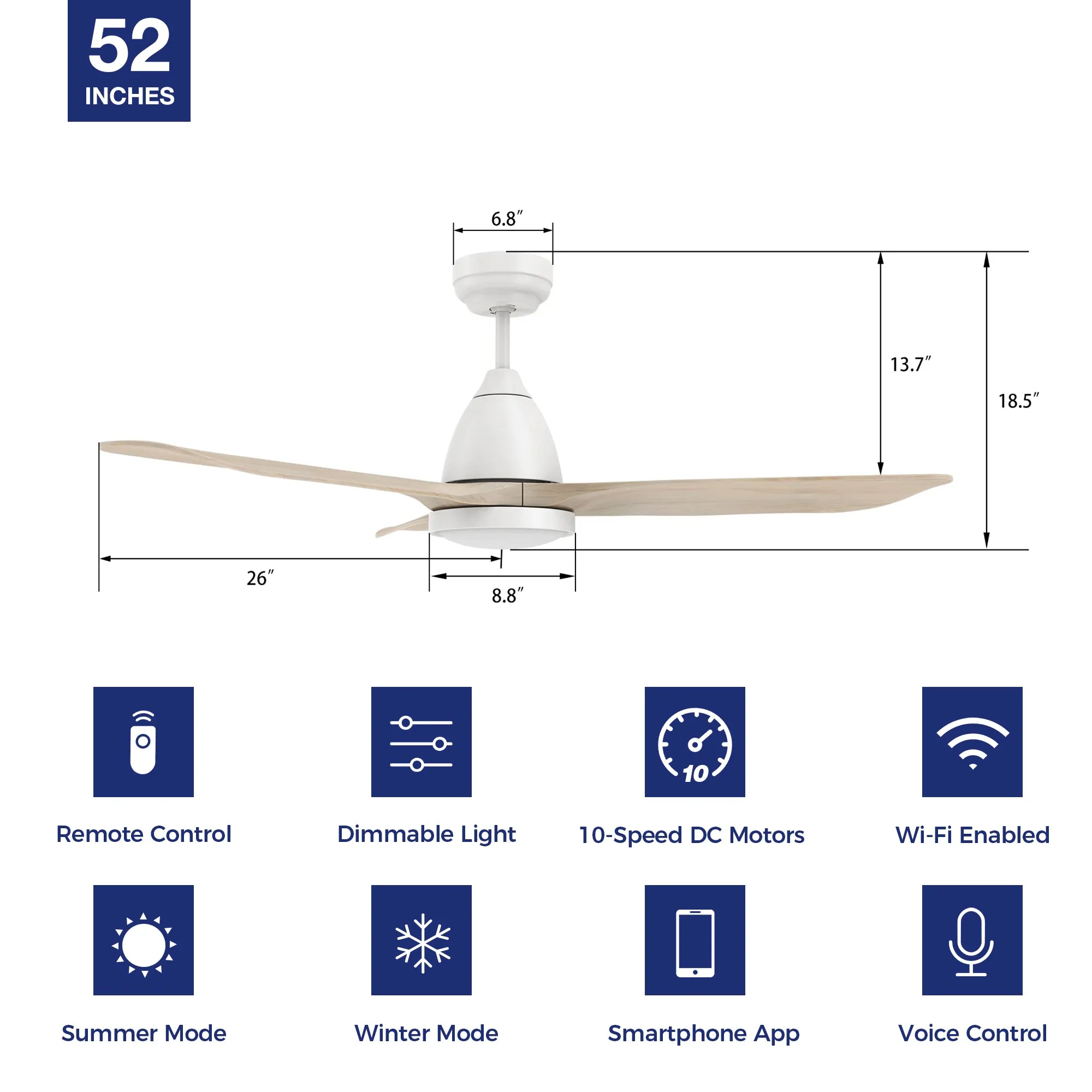 Koa Outdoor/Indoor Smart Ceiling Fan with LED Light and Remote 52”