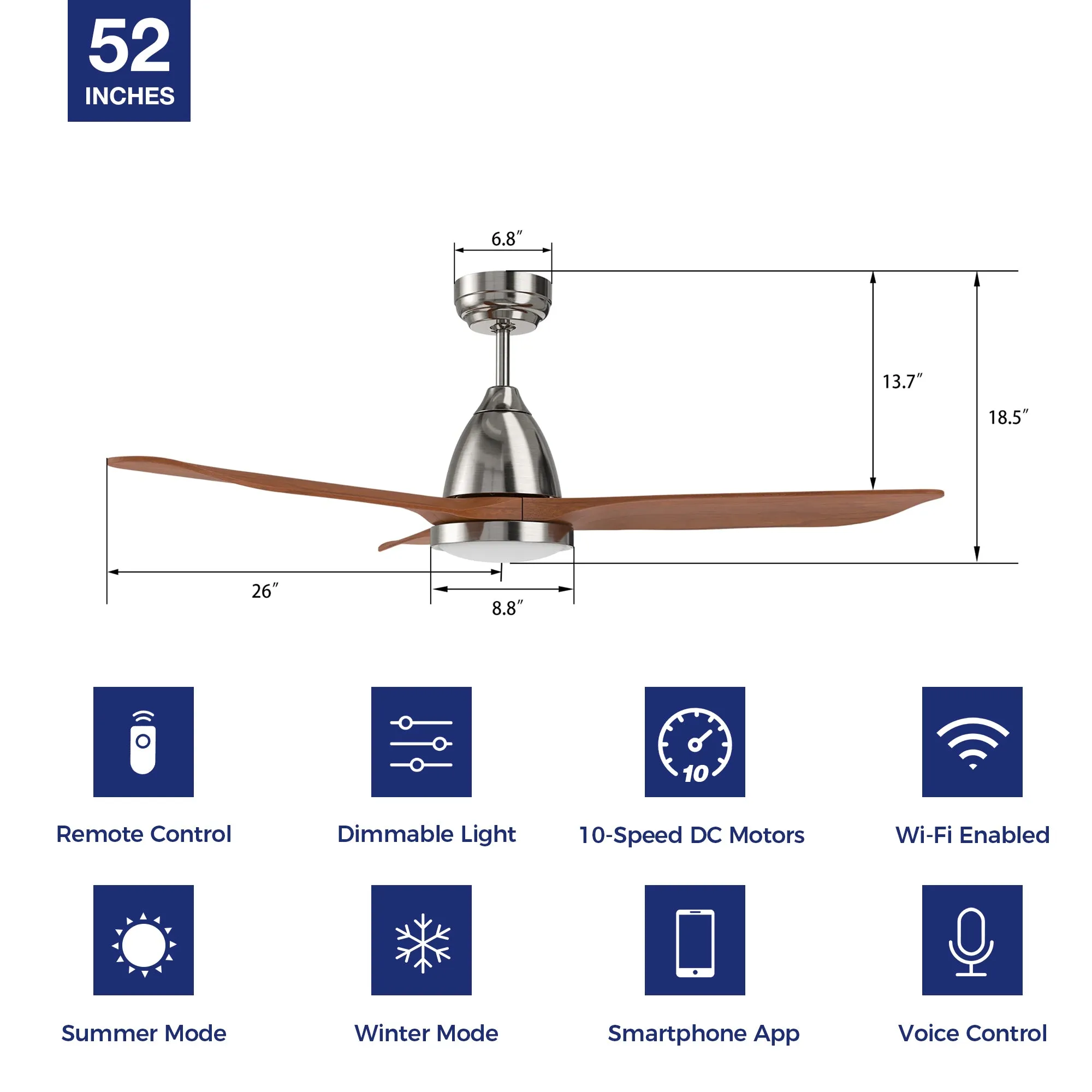 Koa Outdoor/Indoor Smart Ceiling Fan with LED Light and Remote 52”