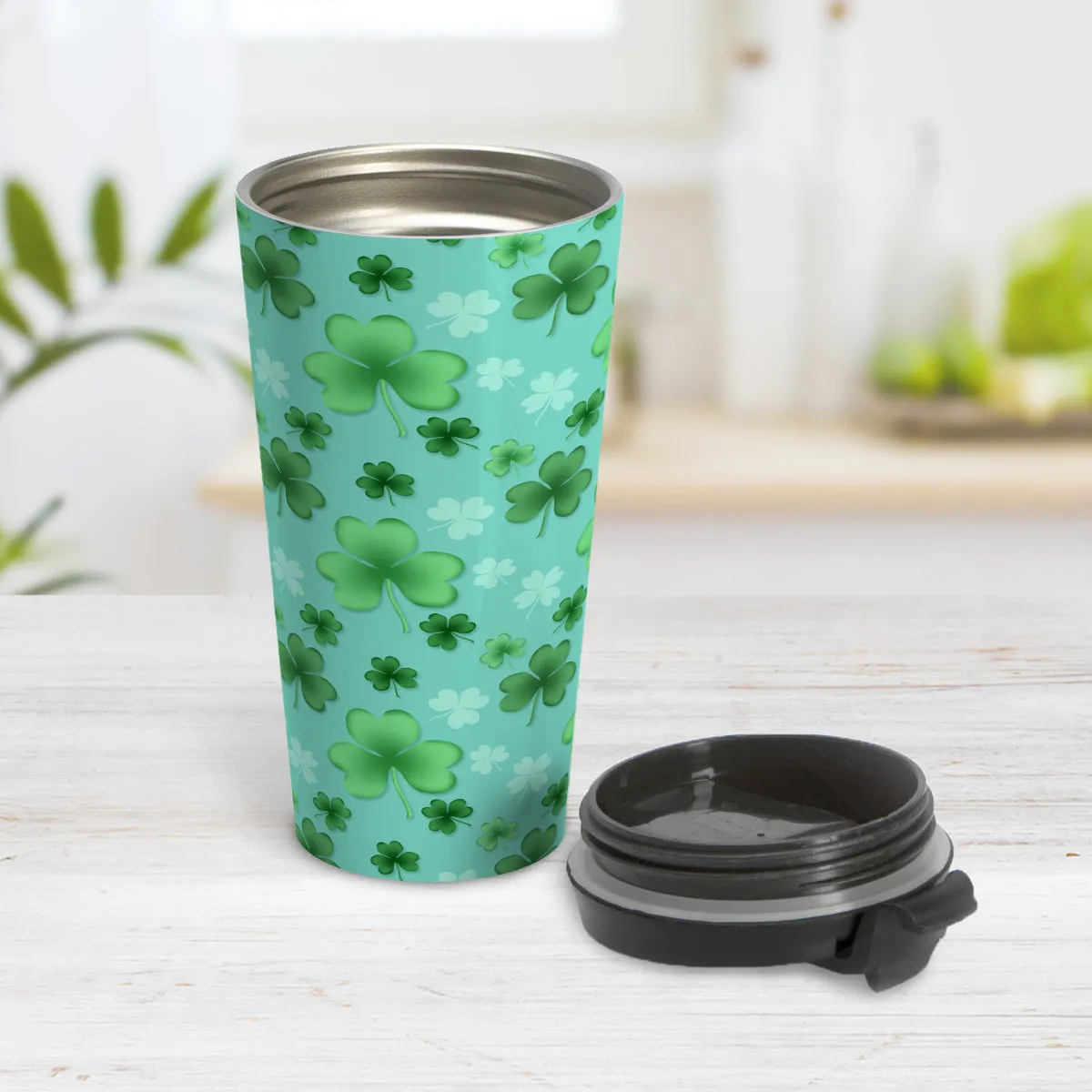 Lucky Clover Pattern Teal and Green Travel Mug