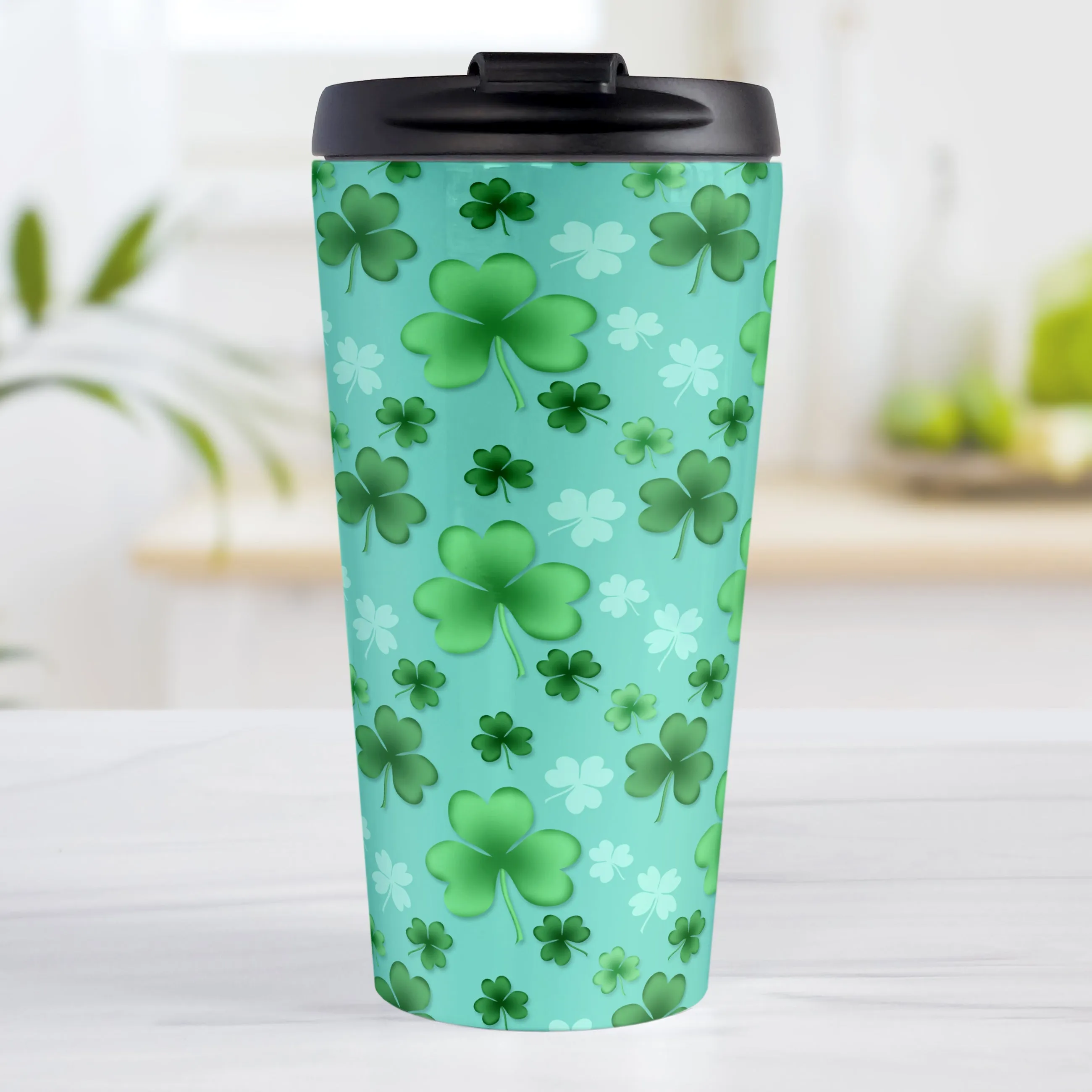 Lucky Clover Pattern Teal and Green Travel Mug