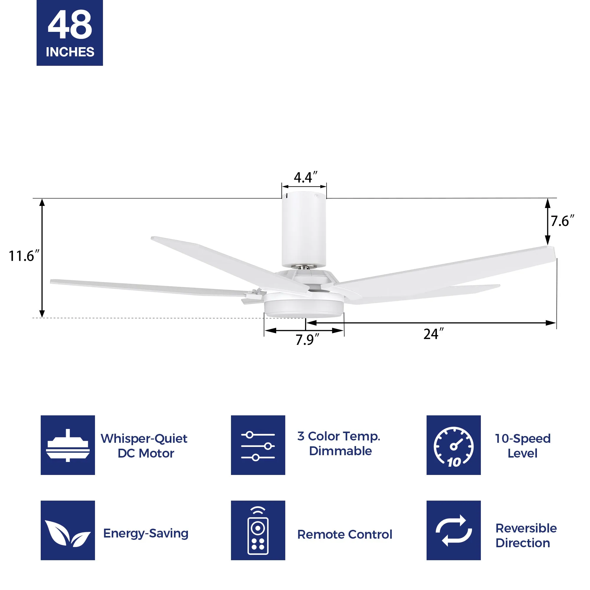 Maclean Low Profile Ceiling Fan with Light and Remote 48 inch