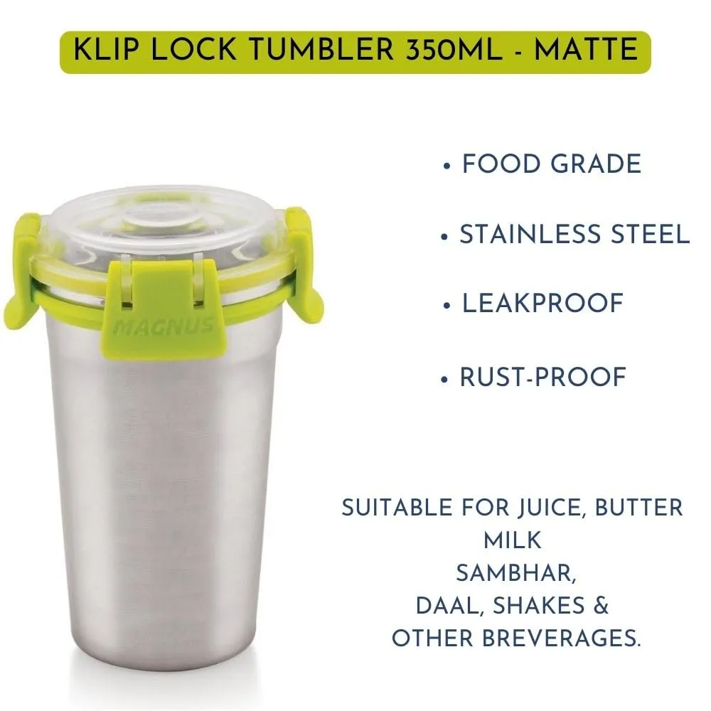 Magnus Stainless Steel Matte Klip Lock Tumbler with Lid and Straw - 350ml | Leak-Proof & Airtight Tumbler - Ideal for Travel, Office, Kids | Perfect for Juice, Buttermilk | Pack of 6