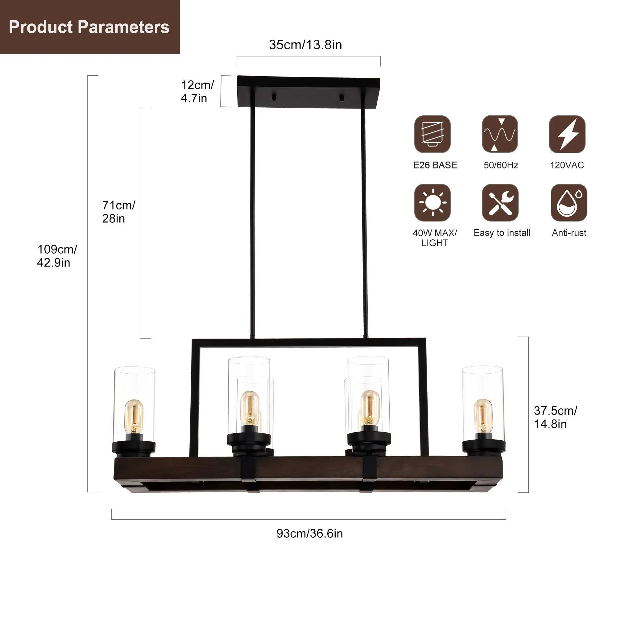 Matte Black / Wood Grain Metal Chandelier Fixture, 6 Lights Ceiling Pendant Ligh, Adjustable Height , E26*6 (No Include Bulb)