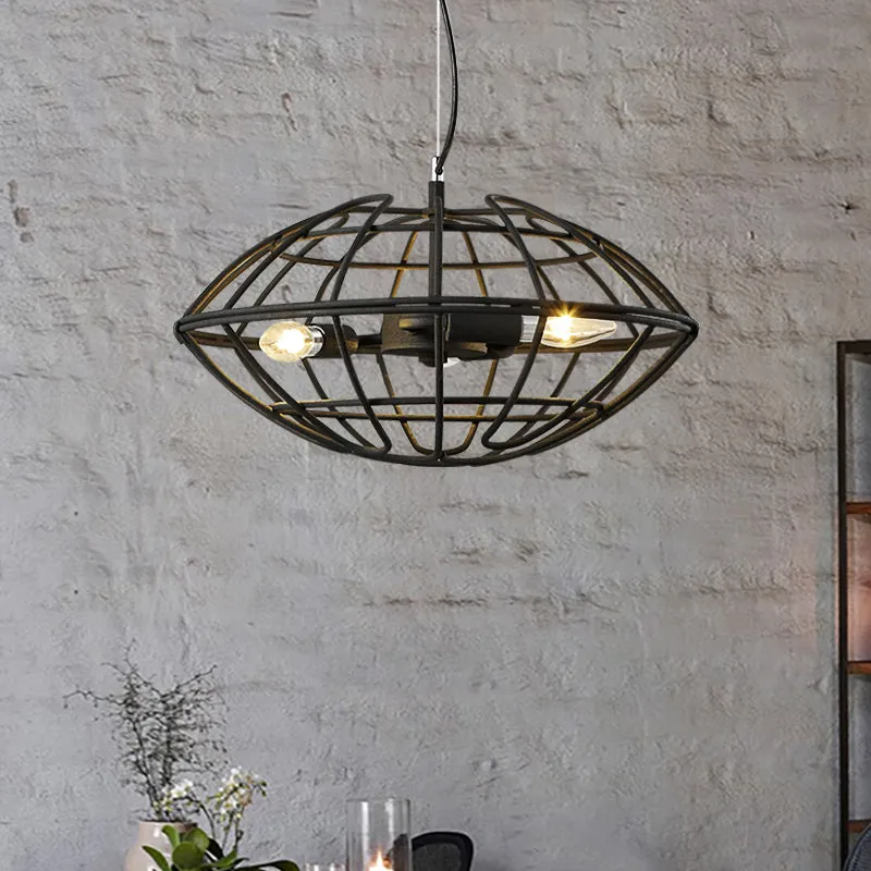 Metal Black Chandelier Light - UFO Wire Cage - 3 Bulb Factory Suspension Lighting for Restaurant