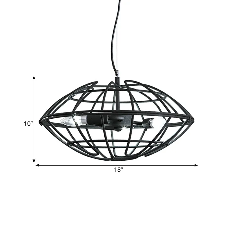 Metal Black Chandelier Light - UFO Wire Cage - 3 Bulb Factory Suspension Lighting for Restaurant