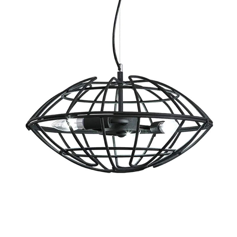 Metal Black Chandelier Light - UFO Wire Cage - 3 Bulb Factory Suspension Lighting for Restaurant