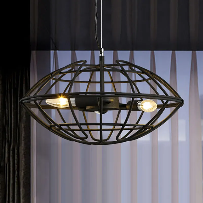 Metal Black Chandelier Light - UFO Wire Cage - 3 Bulb Factory Suspension Lighting for Restaurant