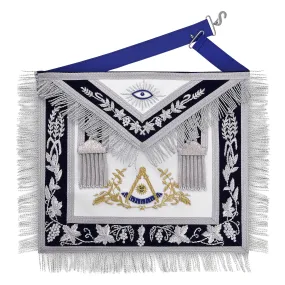 Past Master Blue Lodge California Regulation Apron - Gold Bullion Emblem With Silver Braid Fringe