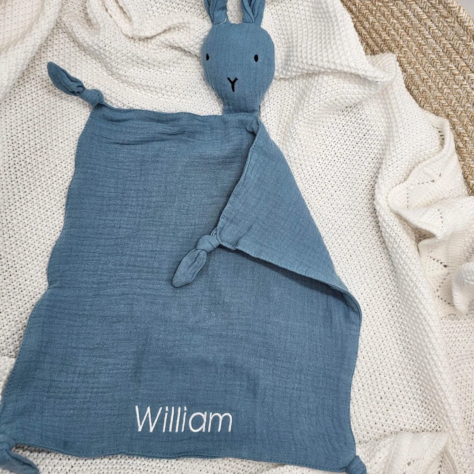 Personalised Blue Bunny Muslin Baby Comforter