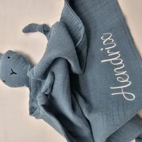 Personalised Blue Bunny Muslin Baby Comforter