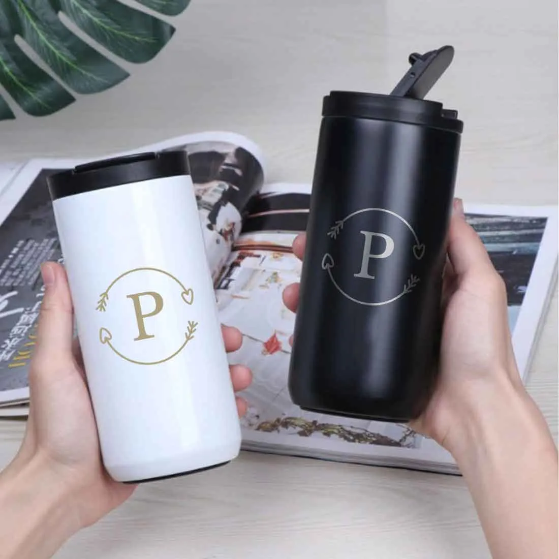 Personalized Travel Coffee Tumbler with Lid for Office Travelling Car Vacuum Flask (400 ML) - Monogram