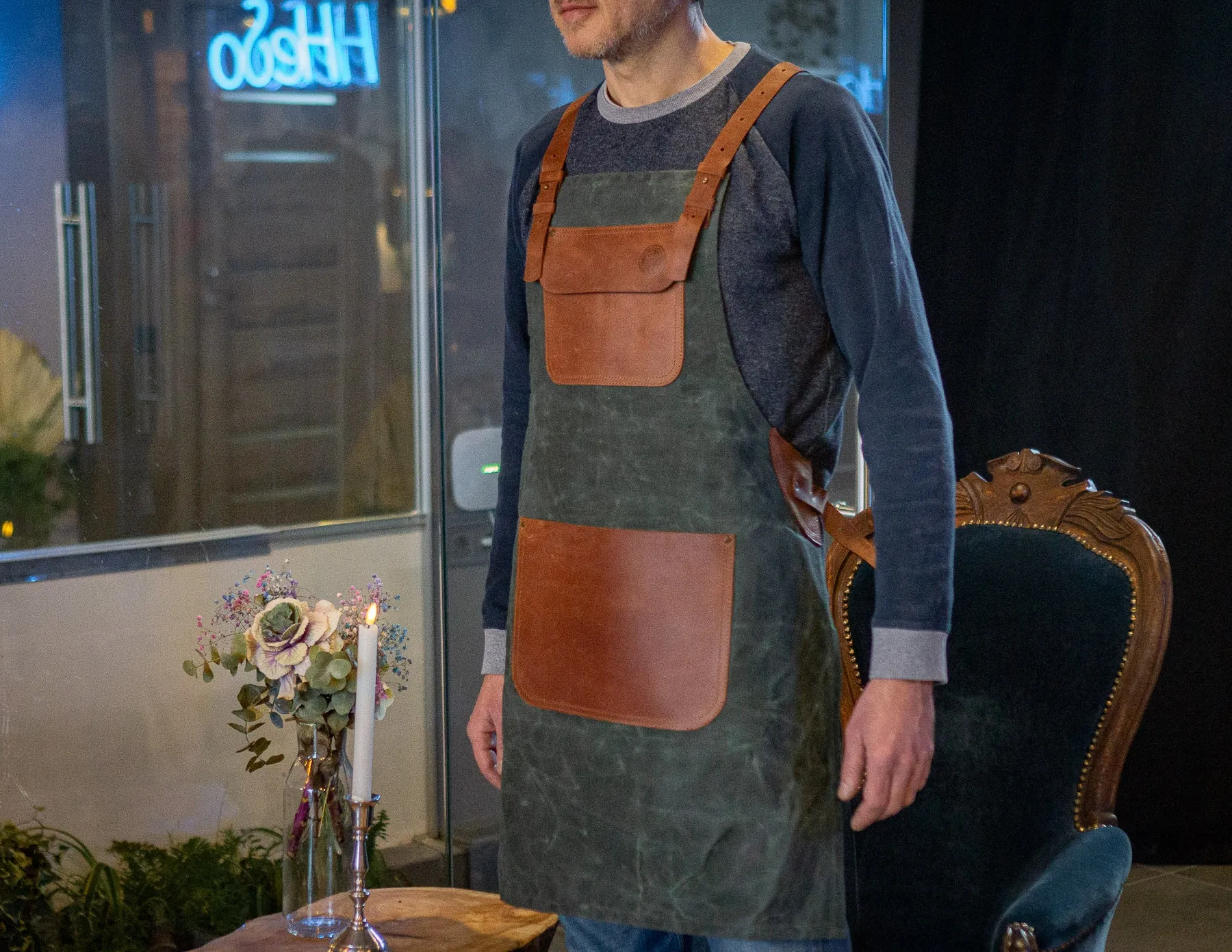 Personalized Workshop Apron | Waxed Olive Сanvas & Brown Leather