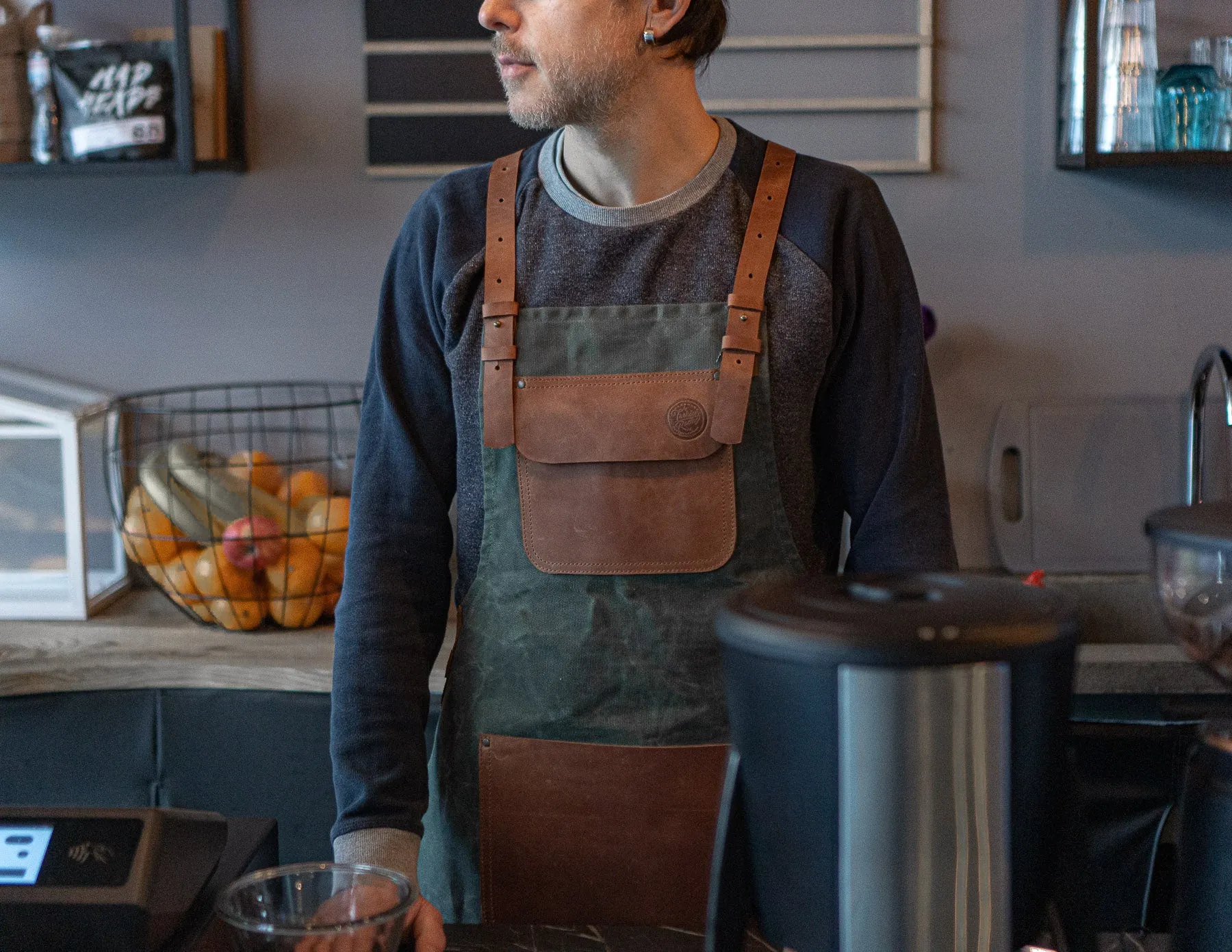 Personalized Workshop Apron | Waxed Olive Сanvas & Brown Leather