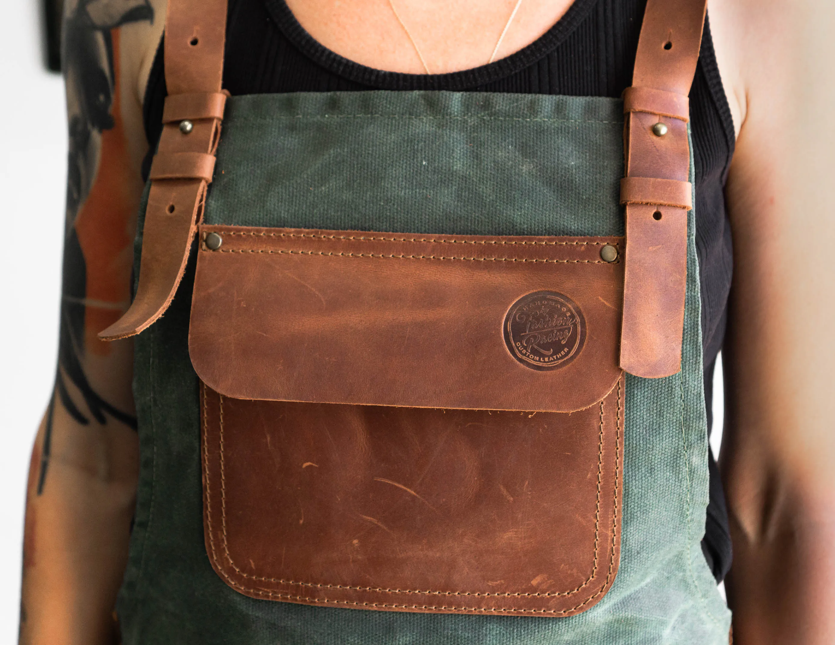 Personalized Workshop Apron | Waxed Olive Сanvas & Brown Leather