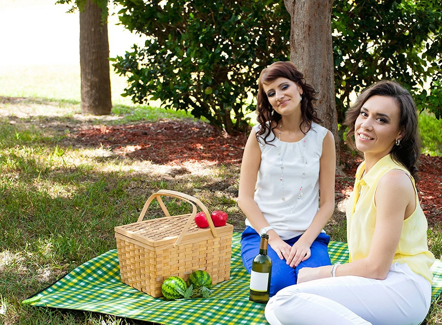 Picnic Blanket &ndash; Waterproof Outdoor Mat 50 X 58 Inch - Free Blanket Fastener Pegs (Yellow and Green Pattern)