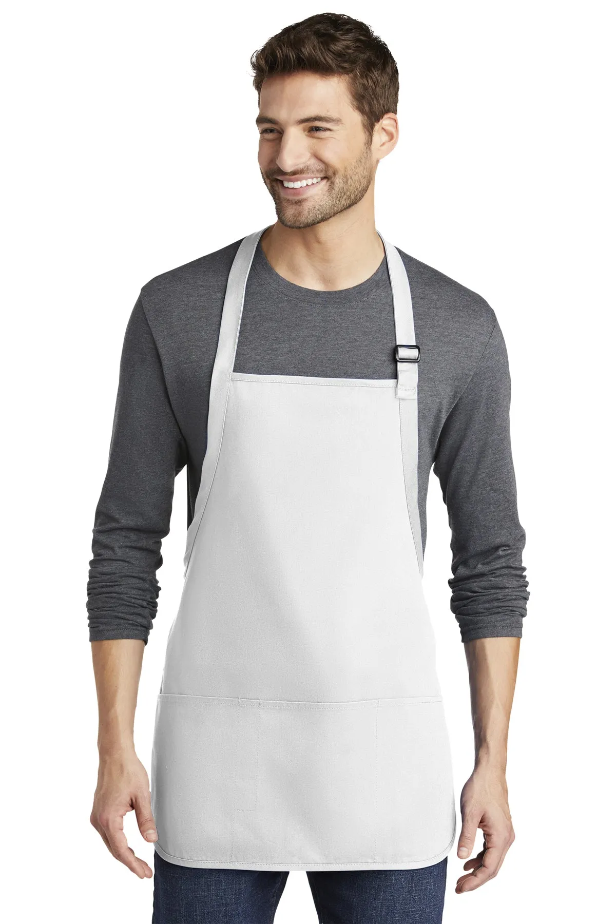 Port Authority Medium-Length Custom Aprons with Pouch Pockets, White