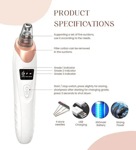 Premium Electric Blackhead Remover Vacuum | Face Vacuum Pore Cleanser-5 Suction Probes