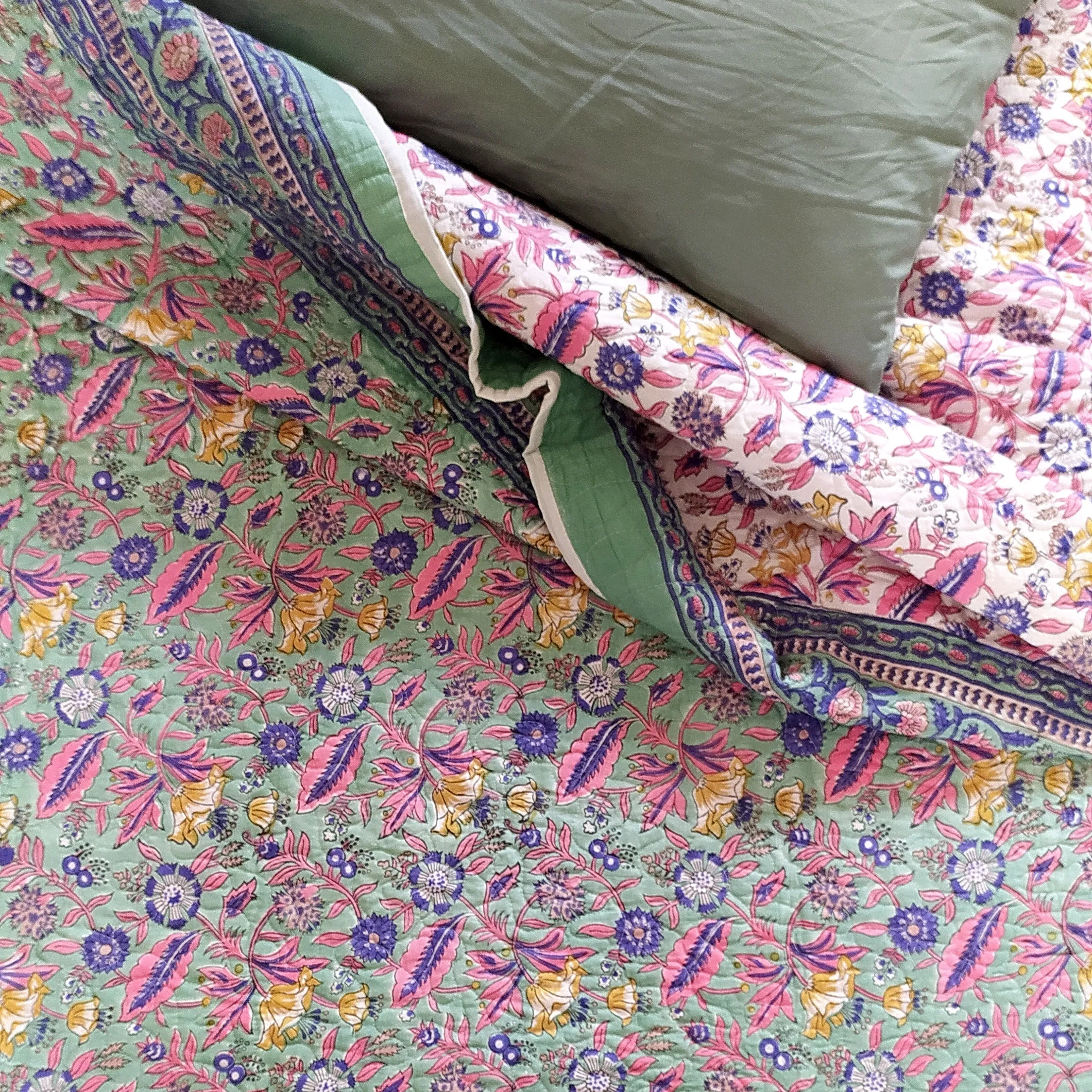 Reversible Pure Cotton Comforter | Quilt Block Printed With Pastel Blue & Green, Pink & White Floral Prints - L 260 cm x W 215 cm