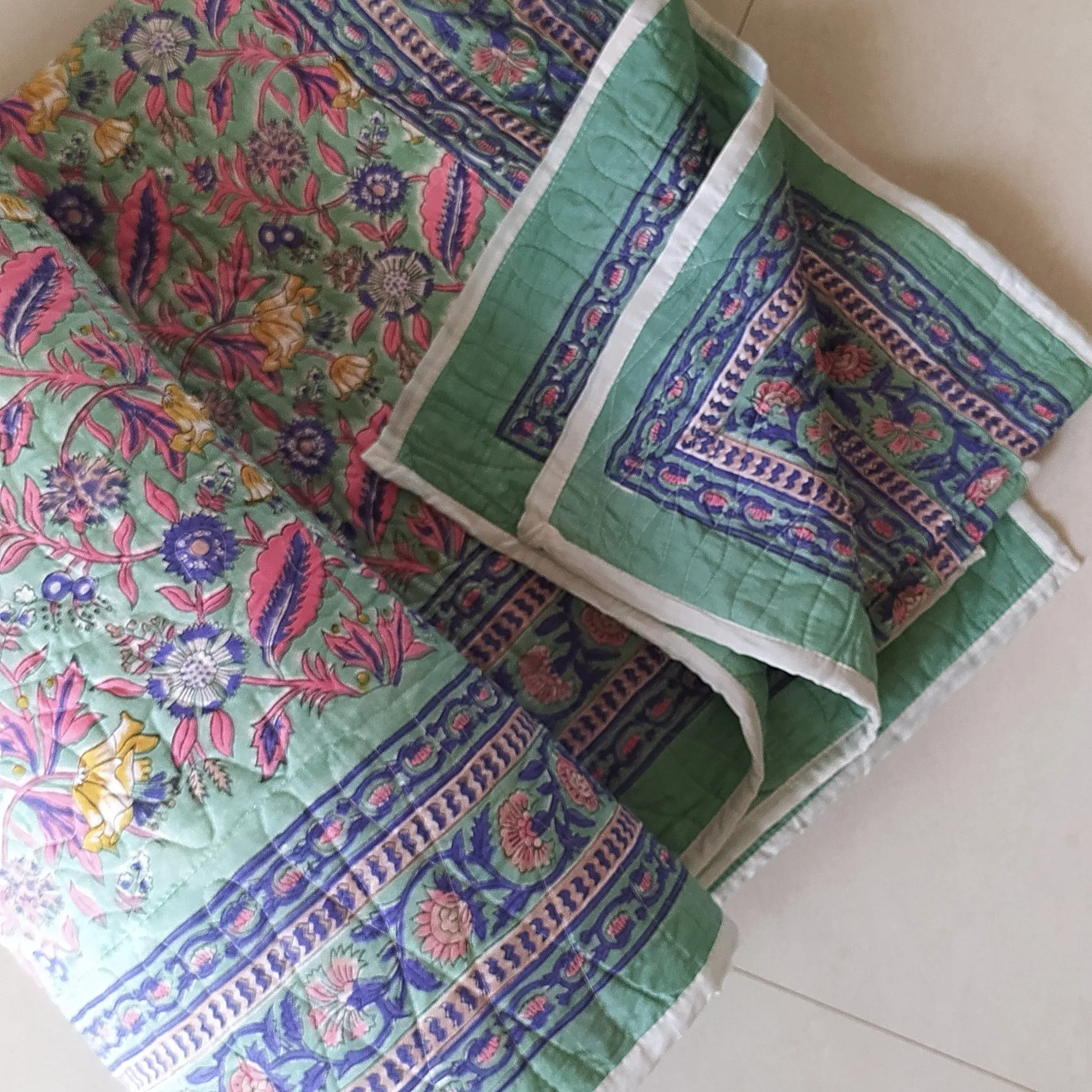 Reversible Pure Cotton Comforter | Quilt Block Printed With Pastel Blue & Green, Pink & White Floral Prints - L 260 cm x W 215 cm