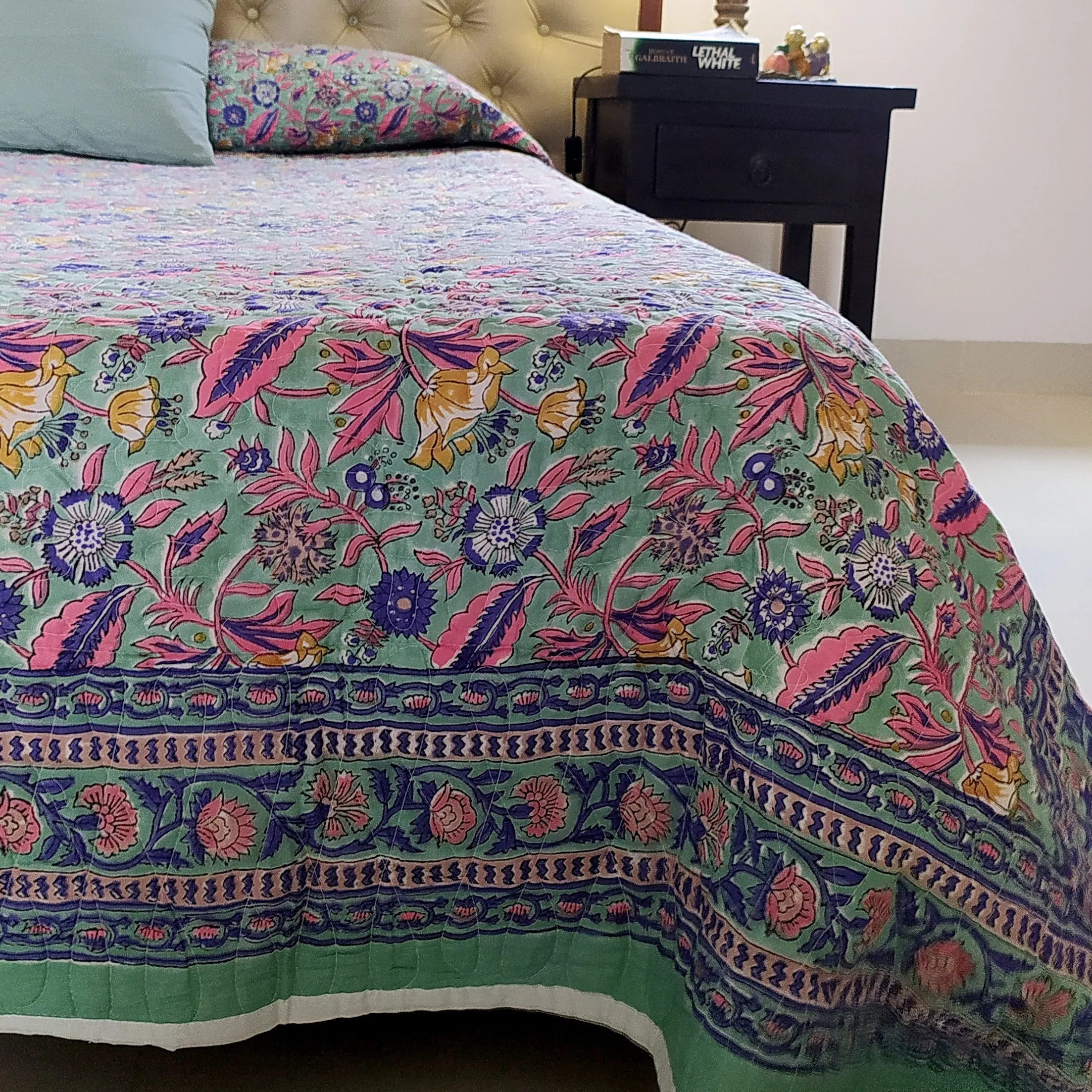 Reversible Pure Cotton Comforter | Quilt Block Printed With Pastel Blue & Green, Pink & White Floral Prints - L 260 cm x W 215 cm