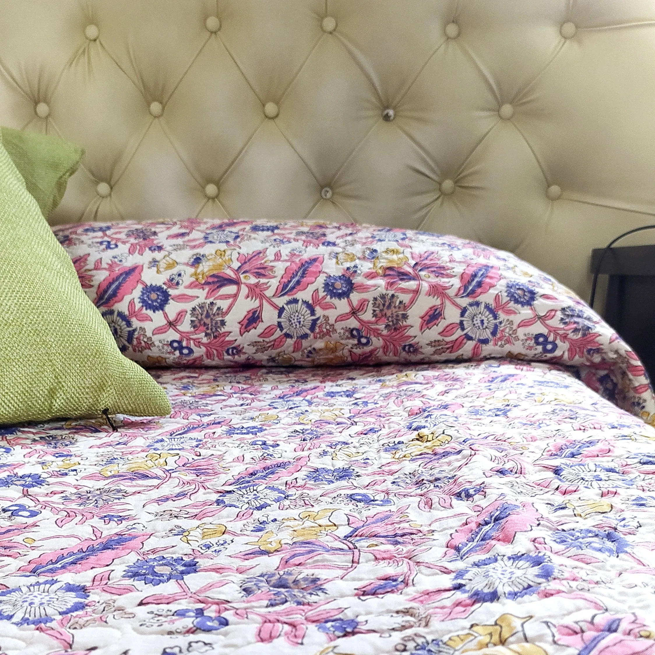 Reversible Pure Cotton Comforter | Quilt Block Printed With Pastel Blue & Green, Pink & White Floral Prints - L 260 cm x W 215 cm