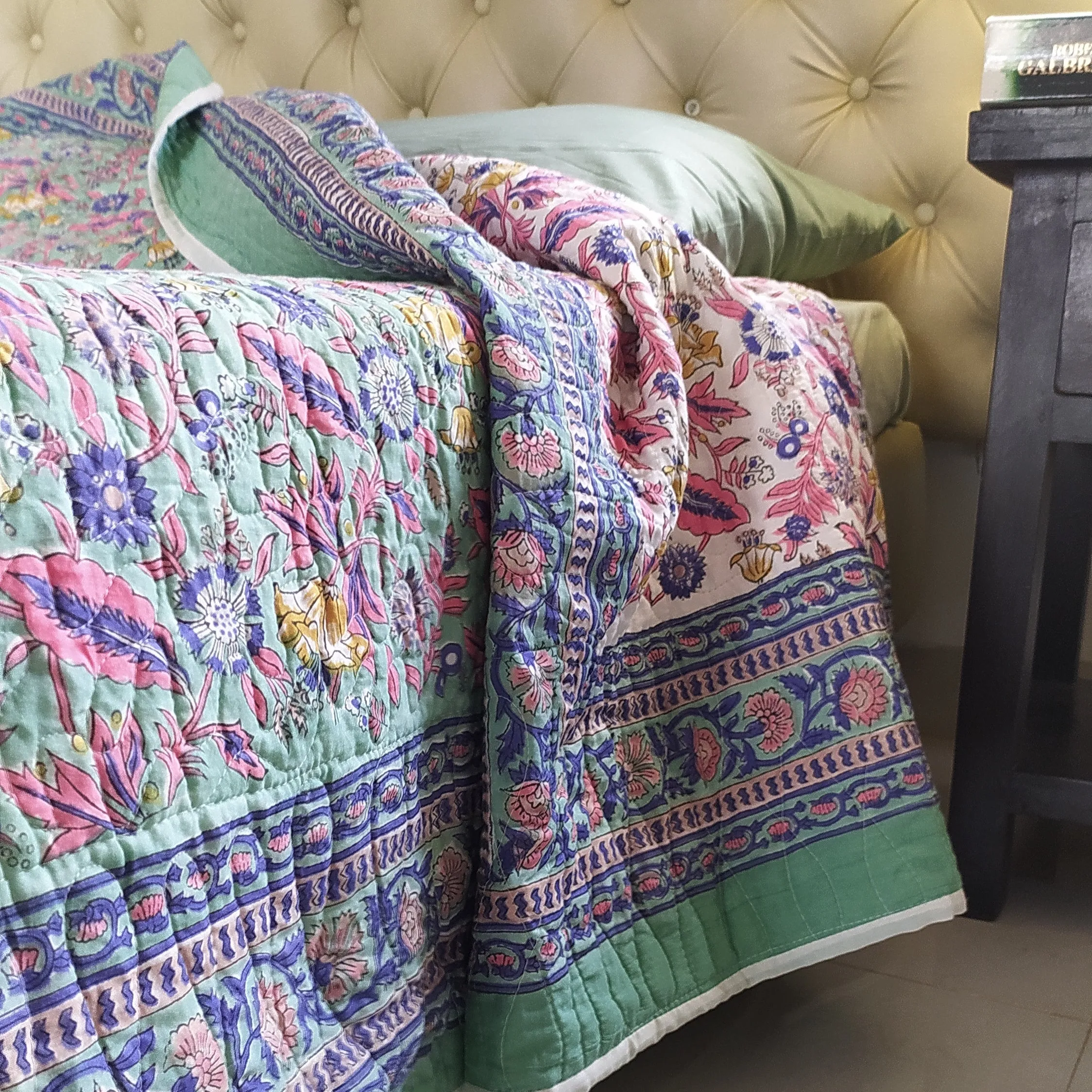 Reversible Pure Cotton Comforter | Quilt Block Printed With Pastel Blue & Green, Pink & White Floral Prints - L 260 cm x W 215 cm