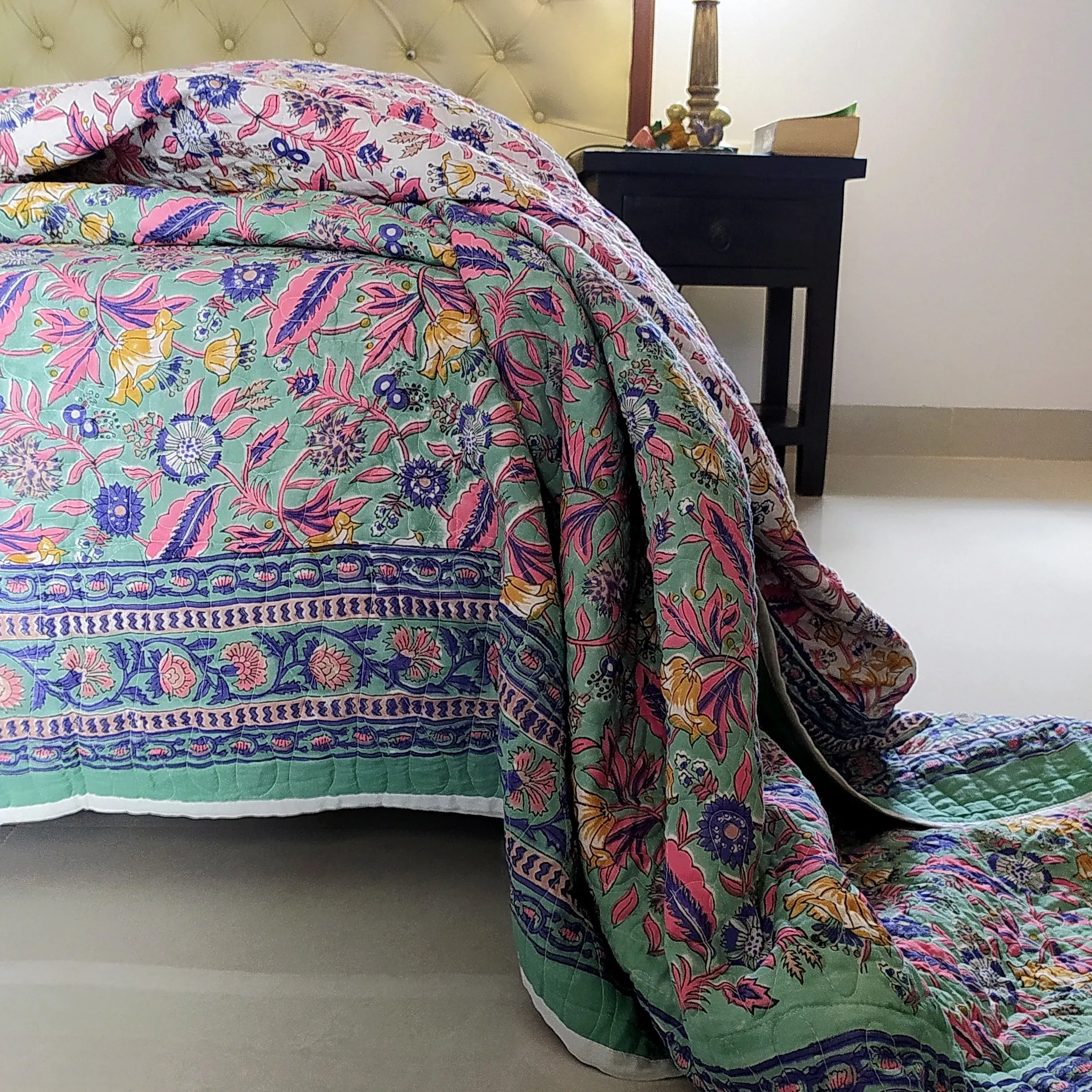 Reversible Pure Cotton Comforter | Quilt Block Printed With Pastel Blue & Green, Pink & White Floral Prints - L 260 cm x W 215 cm