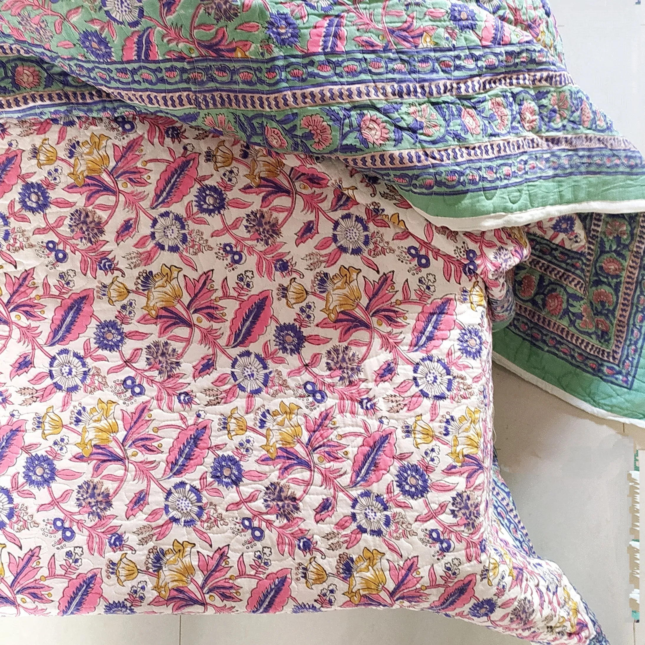 Reversible Pure Cotton Comforter | Quilt Block Printed With Pastel Blue & Green, Pink & White Floral Prints - L 260 cm x W 215 cm