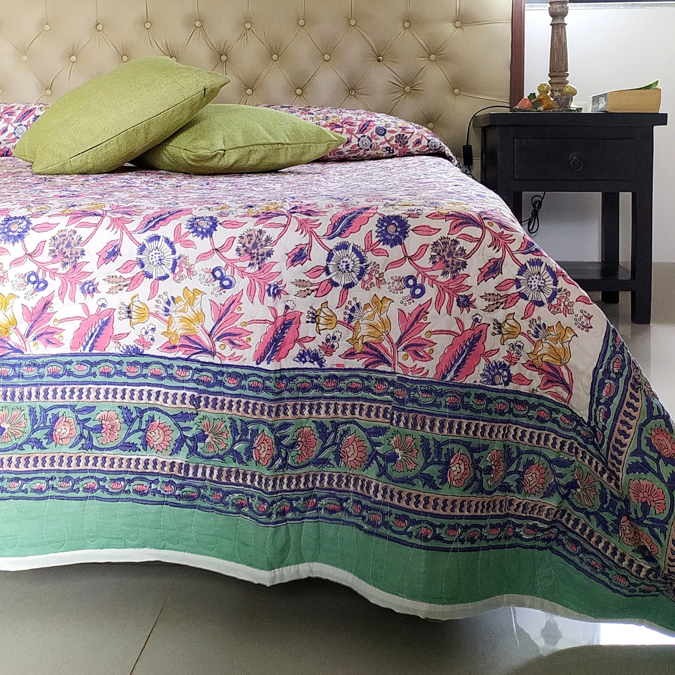 Reversible Pure Cotton Comforter | Quilt Block Printed With Pastel Blue & Green, Pink & White Floral Prints - L 260 cm x W 215 cm