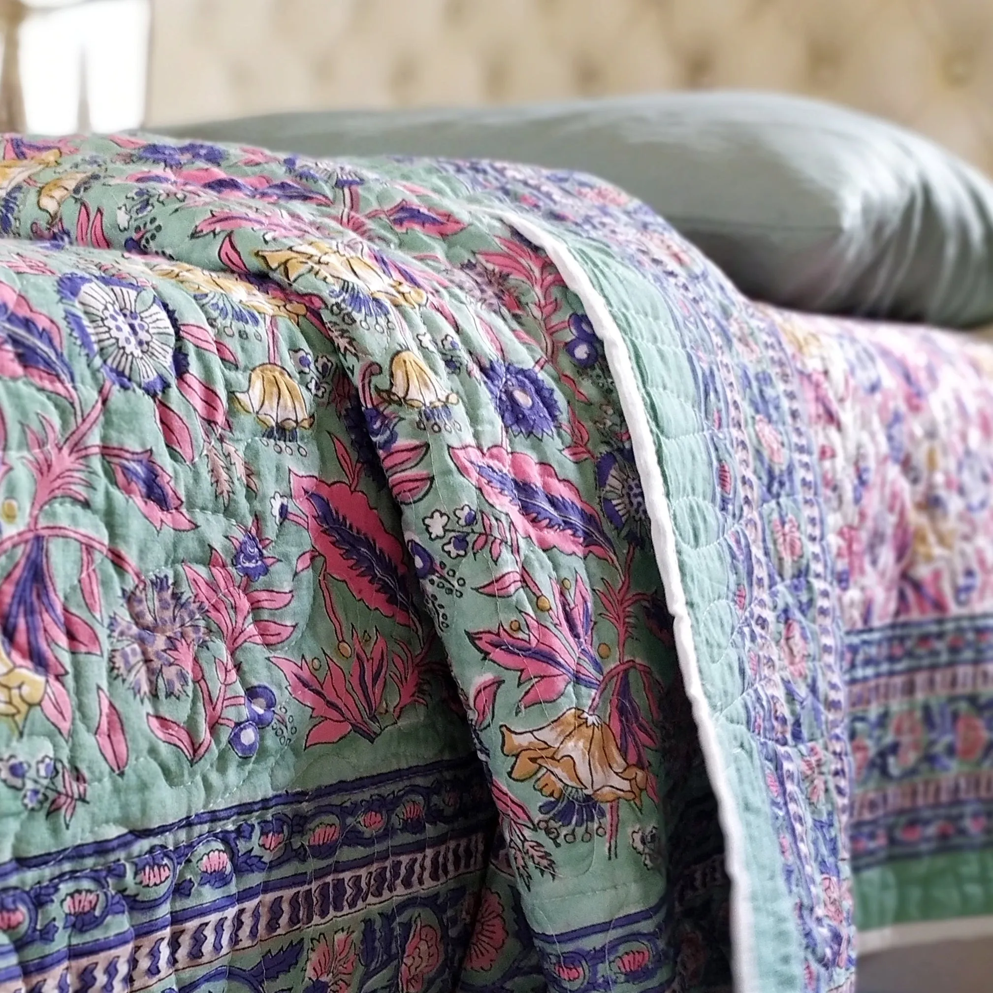 Reversible Pure Cotton Comforter | Quilt Block Printed With Pastel Blue & Green, Pink & White Floral Prints - L 260 cm x W 215 cm